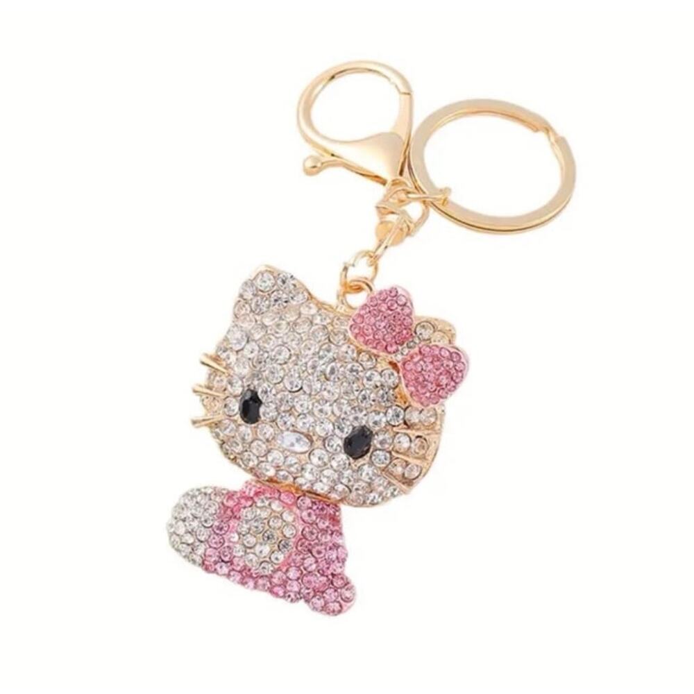 Hello Kitty Pink Rhinestone Key Ring Fob Keychain / Purse Bag Charm NEW